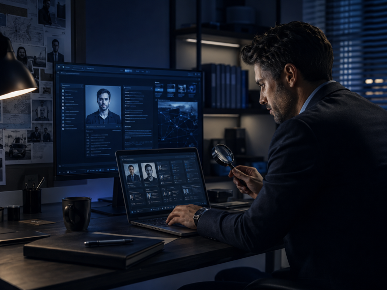 Centro de investigación cibernética con pantallas y entorno tecnológico orientado a OSINT, rastreo digital y verificación de información en 