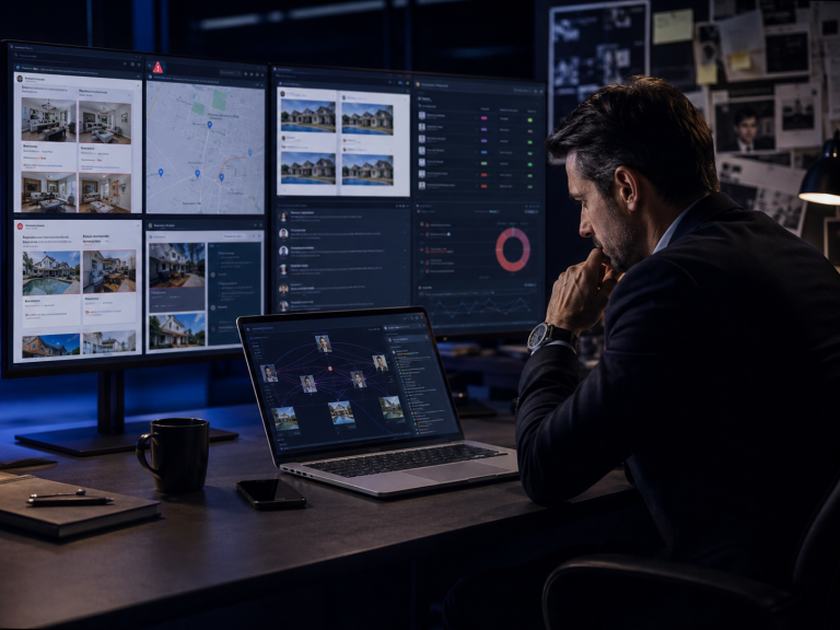 Analista trabajando en una oficina nocturna con pantallas y herramientas digitales aplicadas a OSINT y ciberinteligencia para investigación 