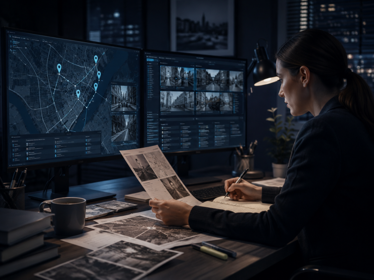 Oficina de investigación digital con entorno profesional y herramientas tecnológicas utilizadas por detective privado para análisis document
